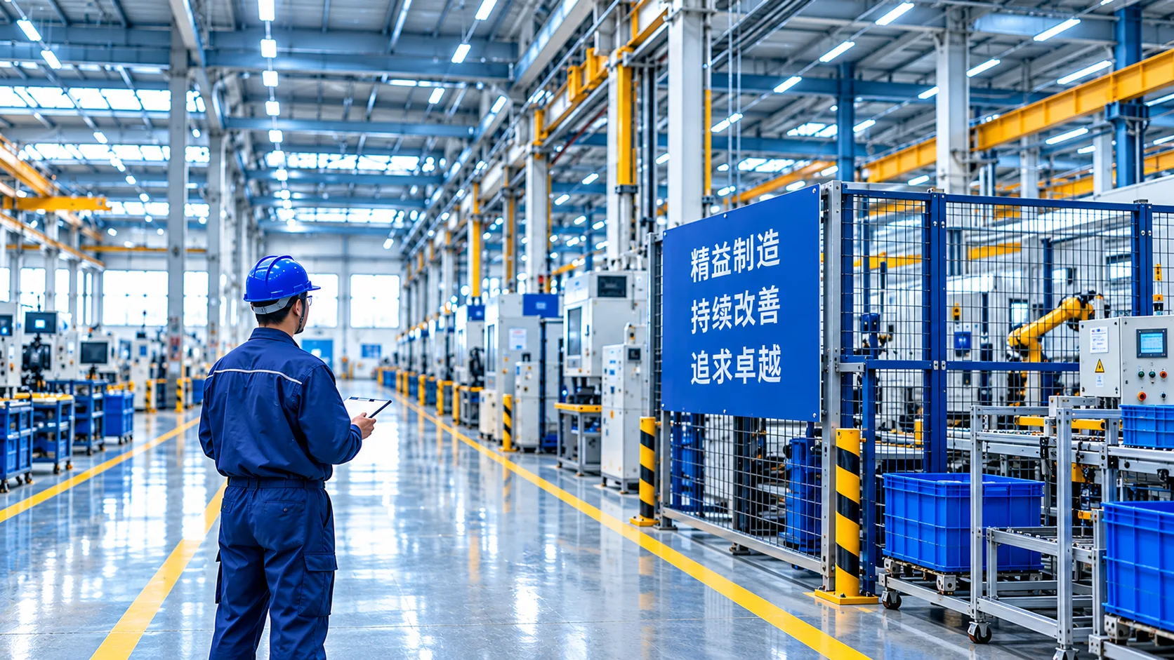 AI工业场景示意：巡检人员与管理标牌，非实际客户工厂