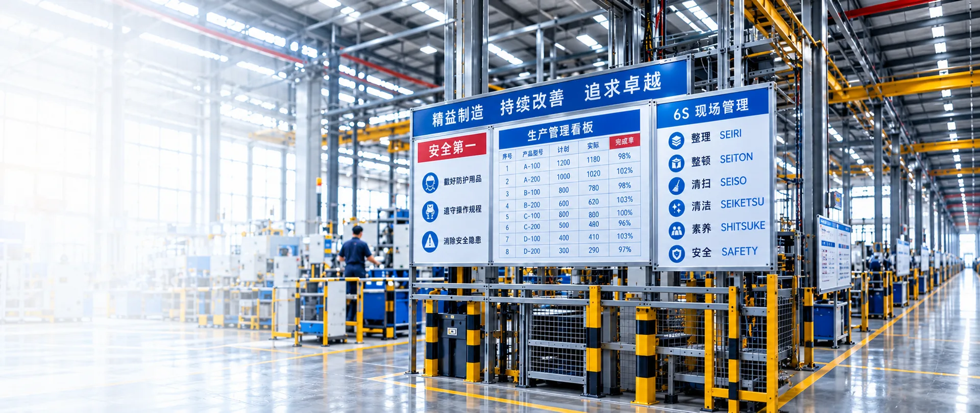AI 概念视觉：明亮工业车间中的生产管理与 6S 目视化看板，非实际客户项目