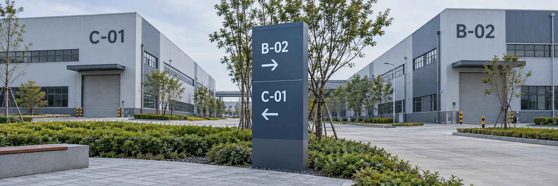 厂区建筑编号与区域导向信息保持一致的参考示意