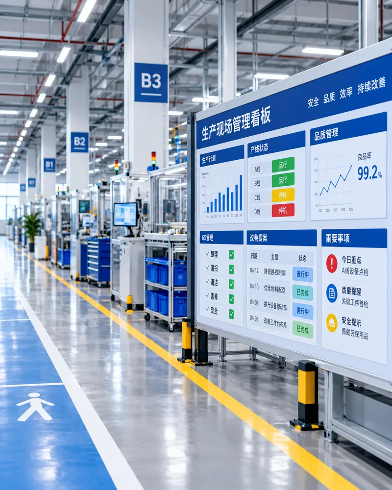 目视化管理服务概念图：车间生产管理看板与区域标识，图中数据仅为示意，非实际客户业绩